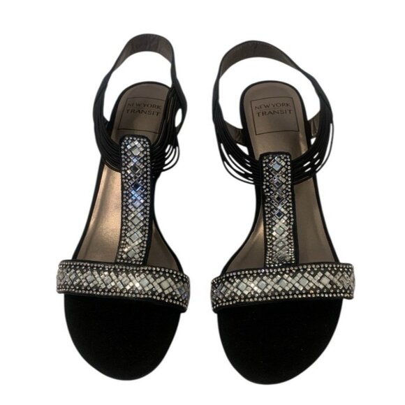 New York Transist Friendtastoc Rhinestone Sandals Size 9M Silver Black Wedge - Picture 1 of 16